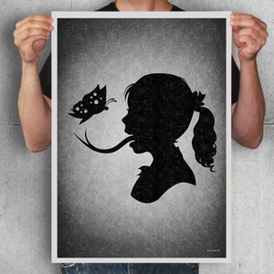 May include: Black and white silhouette of a person with a butterfly on their tongue. The background is a textured gray.