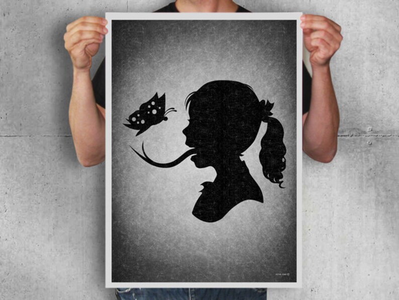 May include: Black and white silhouette of a person with a butterfly on their tongue. The background is a textured gray.
