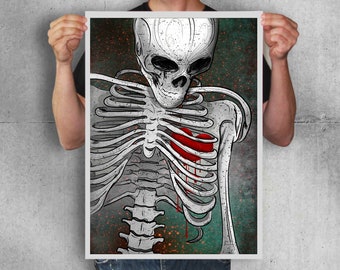Das Skelett Herz,Original Kunstwerk,Gothic Art,Gothic Dekor,Schädel Kunst,Kunst Dekor,schwarz und weiß,Gothic,dark Art,Wanddekoration,rotes Herz,Original