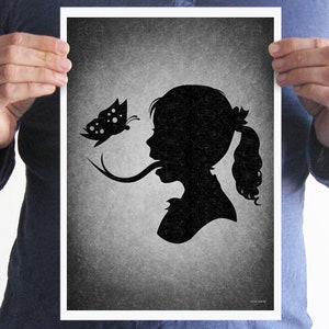 May include: Black and white silhouette print of a girl with a butterfly on her tongue. The background is a textured gray.
