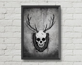 Gothic wall art,original artwork,gothic decor,black & white art,deer skull,skulls decor,skulls art,skulls poster,gothic man cave,home decor