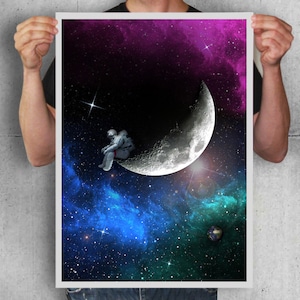 Astronaute sur la lune, oeuvre d'art originale, affiche de la lune, affiche de la galaxie, art de l'espace, art mural, décoration murale, impression de l'espace, art geek, affiche de la NASA, art de la chambre d'enfants