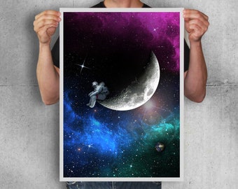 Astronaut on the moon,Original art,moon poster,galaxy poster,space art,wall art,wall decor,space print,geeky art,NASA poster,kids room art