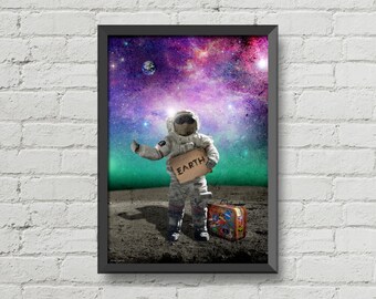 May include: An astronaut in a white spacesuit stands on a moon-like surface, holding a cardboard sign that reads "EARTH". The astronaut is facing the viewer and has a suitcase next to them. The background is a colorful nebula with stars.