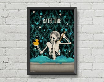 BATH TIME poster,Bathroom decoration,Bathroom prints,skulls art,gothic decor,shower decor,wall decor,Bathroom decoration ideas,bathroom art