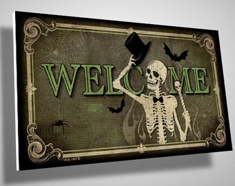 May include: A vintage-style Halloween welcome sign with a skeleton wearing a top hat and holding a martini glass. The sign is green, brown, and black with a spider web pattern and the word "WELCOME" in green letters.