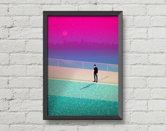 Original artwork,fine art,home decor,wall decor,digital print,city poster,city landscape,moon art,pool print,lovely art,wall art,city print