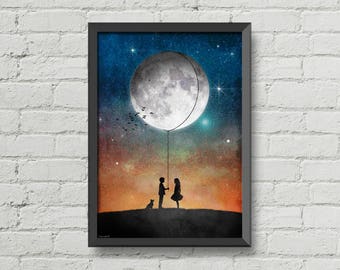 Gift for the couple,moon poster,moon print,orange print,romantic gifts,couple gifts ideas,home decor,wall decor,bedroom decor,moon art