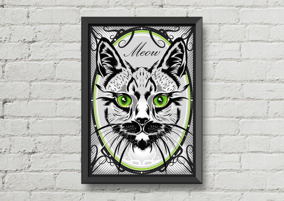 Meow,Cat illustration,cat poster,cat decor,cat decoration,wall art,home decor,cat eyes,cat prints,black and white art,original artwork