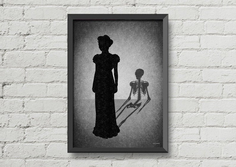 Gothic decor,Skeleton shadow,Gothic artwork,gothic print,wall decor,home decor,silhouettes art,black and white art,gothic art,horror print image 1