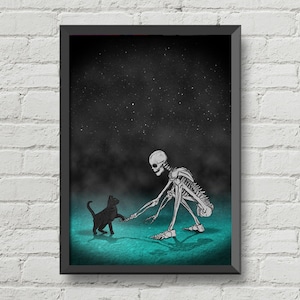 The skeleton cat,gothic decor,gothic art,cats art,wall art,black cats poster,skulls art,horror poster,skulls poster,skeleton poster,man cave