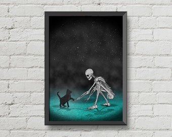 The skeleton cat,gothic decor,gothic art,cats art,wall art,black cats poster,skulls art,horror poster,skulls poster,skeleton poster,man cave