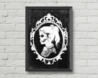 Gothic artwork,Skull girl,victorian art,black and white art,macabre art,gothic poster,gothic decor,wall decor,home decor,gothic wall art