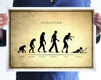 Evolution poster,Zombie Evolution,zombie poster,Darwin poster, science poster,zombie print,geeky gift ideas,wall decor,man cave art