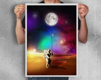 Astronaut met de maan, woondecoratie, kunst aan de muur, cadeau-ideeën, maanprint, ruimteprint, geeky prints, ruimtedecor, wanddecoratie, astronautprint