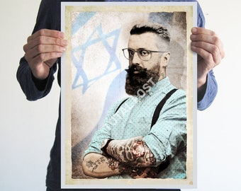 Binyamin Ze'ev Herzl print,vintage art,retro look,Israel poster,Israel gift ideas,Basel,vintage israel,stand by Israel,Israeli art