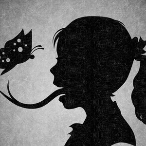 May include: Black and white silhouette of a person with a long tongue reaching out to a butterfly with white spots.