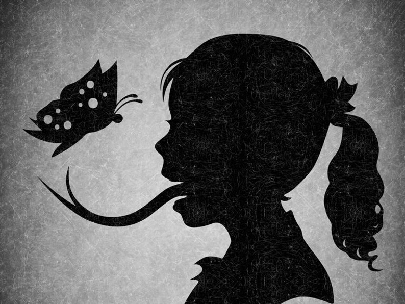 May include: Black and white silhouette of a person with a long tongue reaching out to a butterfly with white spots.