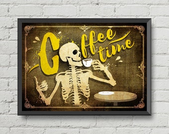 Coffee art,Coffee time,Coffee poster,Coffee print,skulls art,cafe art,gothic art,kitchen decor,home decor,wall decor,cafe poster,cafe print