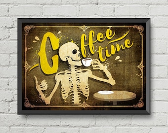 Coffee art,Coffee time,Coffee poster,Coffee print,skulls art,cafe art,gothic art,kitchen decor,home decor,wall decor,cafe poster,cafe print