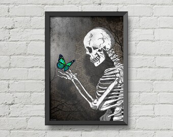 La mariposa esqueleto, impresión digital, cartel, cartel gótico, arte de calaveras, esqueletos, obras de arte, blanco y negro, ideas de regalos, decoración del hogar, decoración de la pared