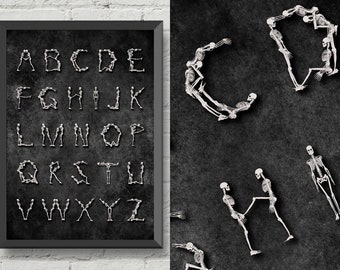 Alphabet Poster,Skeletons,ABC print,ABC poster,Alphabet Wall Art,Skulls decoration,Room Decor,gothic decor,Kids Room Print,black & white art