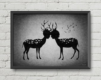 Gothic wall art,Deer love,gothic art,wall decor,home decor,silhouettes art,black and white art,gothic art,goth art,horror poster,macabre art