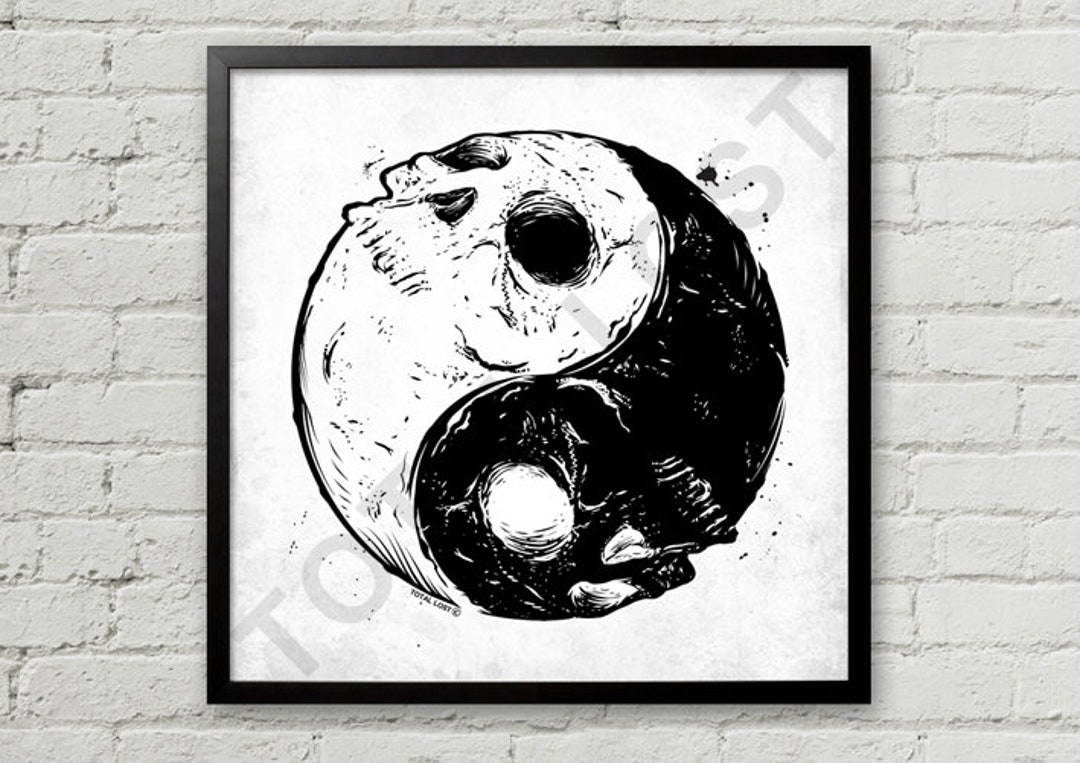スーパーセール タイムセール 時間 Yin and Yang Skulls,original Artwork,black and White Print ミュージシャン