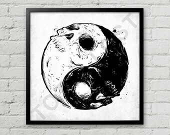Yin and Yang skulls,Original artwork,black and white print,Dualistic,Chinese cosmology,skulls art,skulls decor,wall art,office decor,artwork