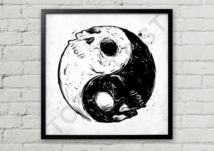 Yin and Yang Skulls,original Artwork,black and White Print