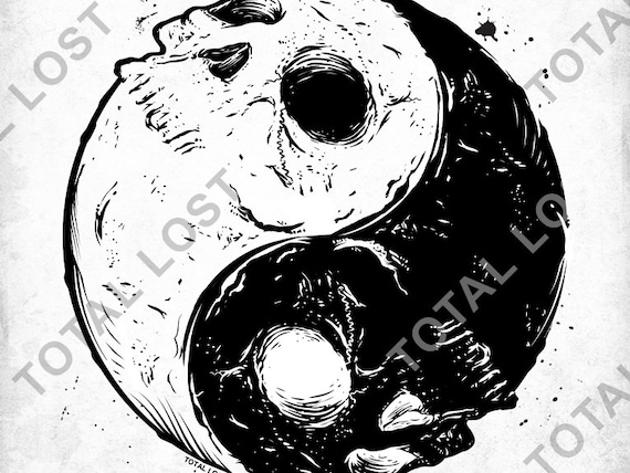 Yin and Yang Skulls,original Artwork,black and White Print