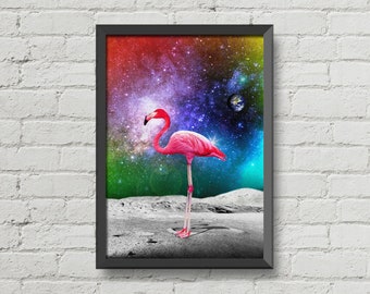 Moon Flamingo,Flamingo poster,wall art,moon poster,moon art,home decor,galaxy poster,wall decor,colorful prints,pink art,space poster,art