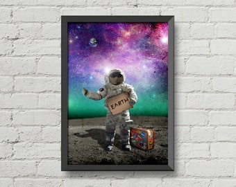 Ruimteprint, de lifter, geeky poster, astronautenprint, ruimtekunst, verjaardag, cadeau-ideeën, sterrenstelselposter, woondecoratie, wanddecoratie, maanposter,