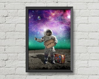 Space print,The hitchhiker,geeky poster,Astronaut print,space art,birthday,gift ideas,galaxy poster,home decor,wall decor,moon poster,