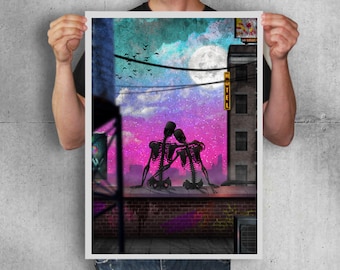 May include: Two skeletons sitting on a rooftop, looking out at a city skyline with a full moon and stars in the sky. The sky is a gradient of pink, purple, and blue.