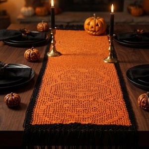 Patrón de camino de mesa de calabazas apiladas a crochet, decoración de mesa de crochet de filete para Halloween