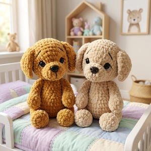 Peut inclure: Deux peluches en forme de chien faites de fil texturé doux. Un chien est brun foncé et l'autre est beige clair. Tous deux présentent de grands yeux sombres et brillants, des museaux noirs et des oreilles tombantes. Ils sont assis bien droits.