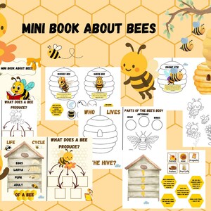 May include: A colorful educational mini-book about bees, featuring illustrations of bees, beehives, and diagrams. The book includes the title "MINI BOOK ABOUT BEES" and educational content about bee life cycles and products.