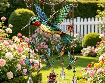 Campana de viento atrapasol con colibríes coloridos para ventana de porche y jardín exterior.