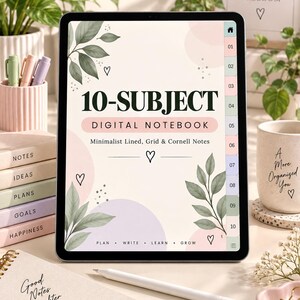 Könnte beinhalten: Ein digitales Tablet, das ein digitales Notizbuch mit 10 Fächern auf cremefarbenem Hintergrund mit grünen Blattillustrationen sowie rosa und violetten kreisförmigen Akzenten anzeigt. Der Bildschirm zeigt den Text 10-SUBJECT DIGITAL NOTEBOOK, Lined, Grid & Cornell Notes.