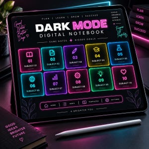 Può includere: Un tablet digitale che mostra un'interfaccia di taccuino digitale in modalità scura con icone e testo color neon. Lo schermo presenta dieci riquadri numerati per argomento, pulsanti di navigazione e vari testi motivazionali.