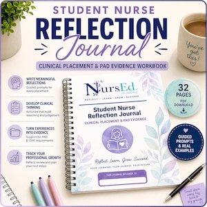May include: A spiral-bound Student Nurse Reflection Journal with a white cover featuring purple watercolour leaves, the NursEd Academy logo, and text including Clinical Placement & PAD Evidence. Includes a 32-page PDF download badge, pens, and a mug.