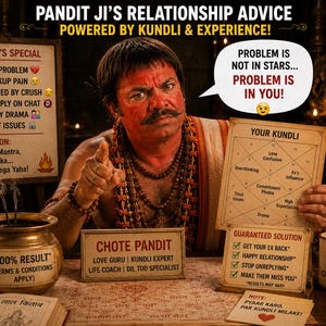 Könnte beinhalten: Ein Bild mit einem Mann mit roter Gesichtsbemalung und einem Schnurrbart, der ein Kundli-Diagramm hält. Der Text enthält "Pandit Jis Beziehungsratgeber" und "Das Problem liegt in dir!" Weitere Elemente sind ein Schild mit "Heute Spezial".