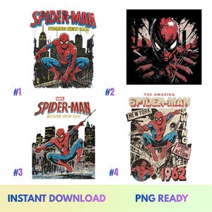 May include: A collection of four digital graphic designs featuring Spider-Man in various poses. The images include text such as Spider-Man Brand New Day, The Amazing Spider-Man, New York, Swing, Spring Into Action, and the year 1962 in red and blue.