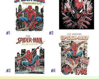 May include: A collection of four digital graphic designs featuring Spider-Man in various poses. The images include text such as Spider-Man Brand New Day, The Amazing Spider-Man, New York, Swing, Spring Into Action, and the year 1962 in red and blue.