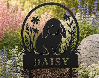 Paletto commemorativo personalizzato per conigli da giardino, targa personalizzata con nome dell'animale domestico, decorazione in metallo per ricordare un animale domestico, regalo per la perdita di un coniglio.
