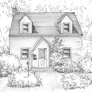 Custom Home Portrait, Family home drawn in ink, 5x 7 commission art from photo, ships free to US, family house drawing image 3