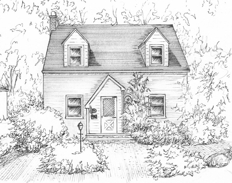 Custom Home Portrait, Family home drawn in ink, 5x 7 commission art from photo, ships free to US, family house drawing image 3