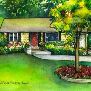 May include: A watercolor painting of a suburban home with a green lawn, a tree, and flowers. The house has a red door and a white picket fence. The text "Home is Where Your Story Begins" is written below the image.