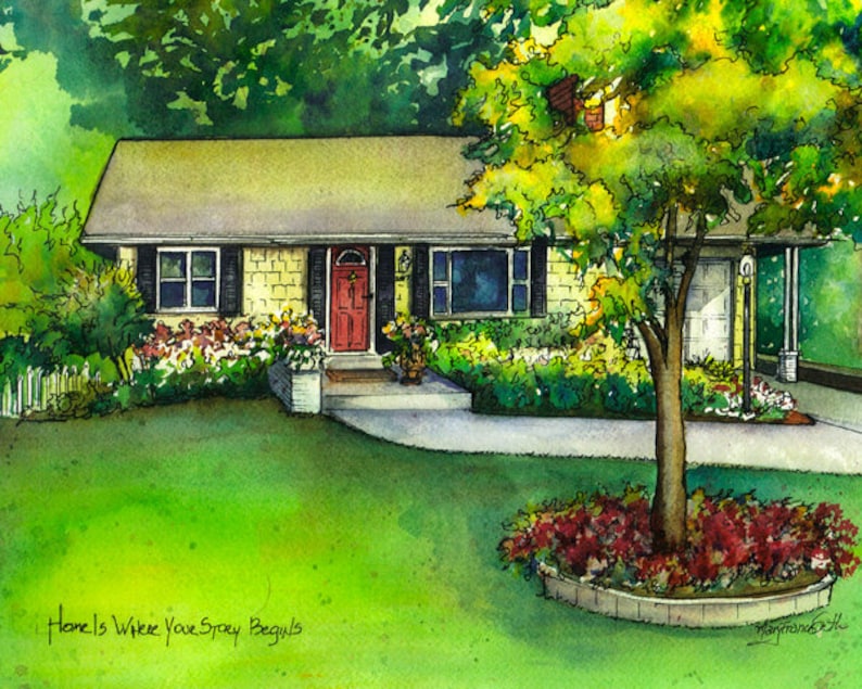 May include: A watercolor painting of a suburban home with a green lawn, a tree, and flowers. The house has a red door and a white picket fence. The text "Home is Where Your Story Begins" is written below the image.